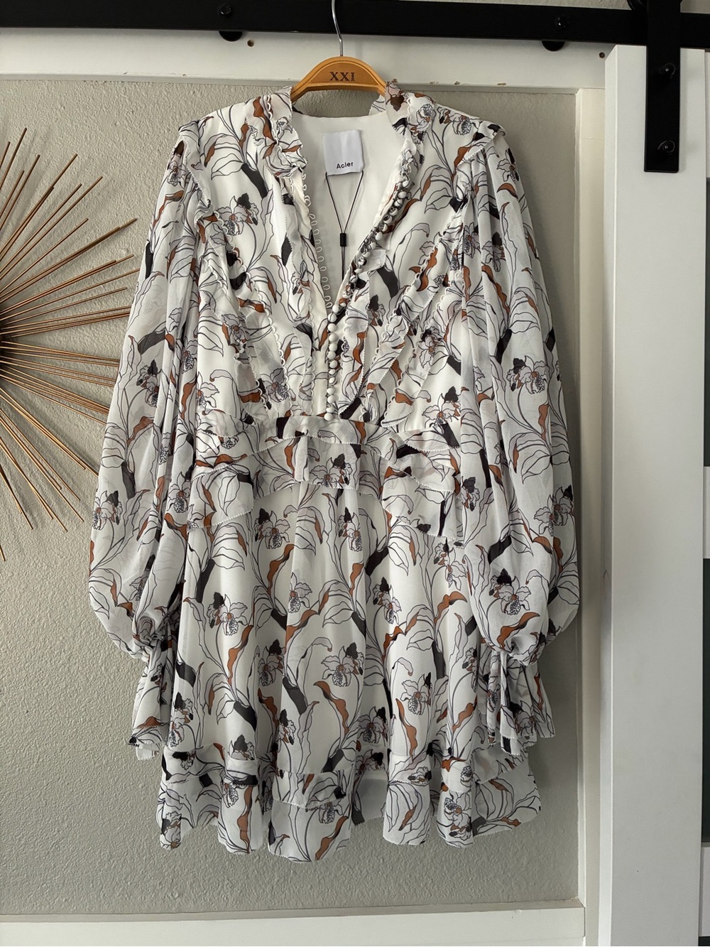 Acler White Floral Ruffle Tunic with Brown & Gray Accents